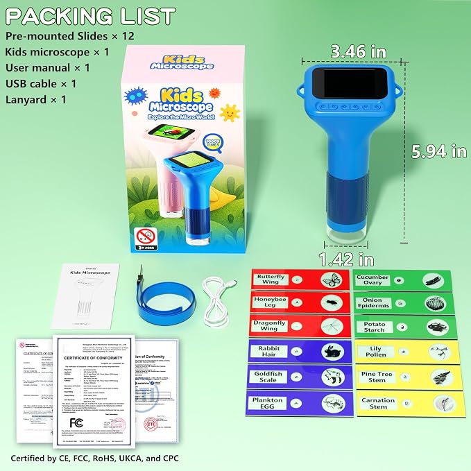 Odatay 1000X Digital Kids Microscope Kit with 12 Slides & 2" Screen, Blue | 1080P Imaging, Fit Ages 3-12, Standalone Pocket Science Edu Toys Gifts, Outdoor Backyard Bugs Exploring, Anti-drop Lanyard