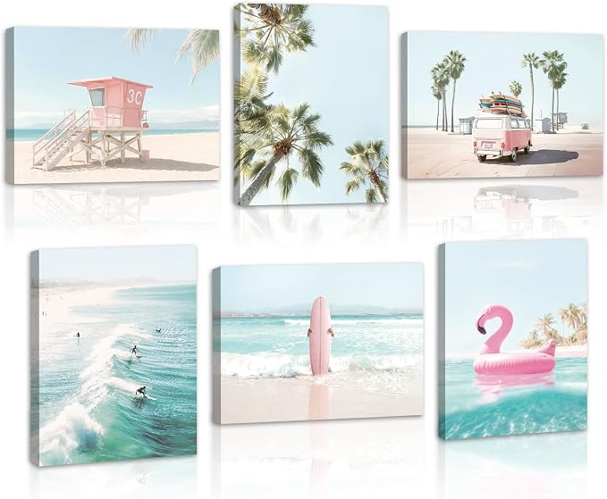 HOURIA 6Pcs Ocean Beach Canvas Wall Art Set(8”x10”), Summer Ocean Surfing Wall Decor,Coastal Seascape Themed Wall Decor,Pink Surfboard Coconut Tree Art Print for Living Room Bedroom