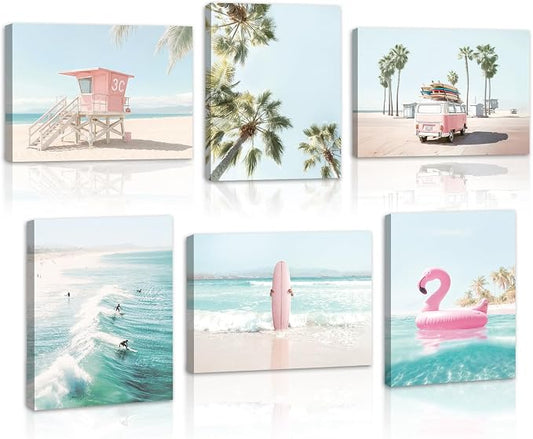 HOURIA 6Pcs Ocean Beach Canvas Wall Art Set(8”x10”), Summer Ocean Surfing Wall Decor,Coastal Seascape Themed Wall Decor,Pink Surfboard Coconut Tree Art Print for Living Room Bedroom