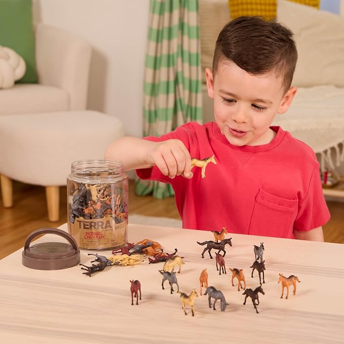 Terra by Battat Horse Toys, 60 Wild Horses Tube, Mini Animal Figures, Tubes | 60 plastic horse figurines in a portable tube; realistic poses for play, collecting, dioramas, and school projects; 3+ Years