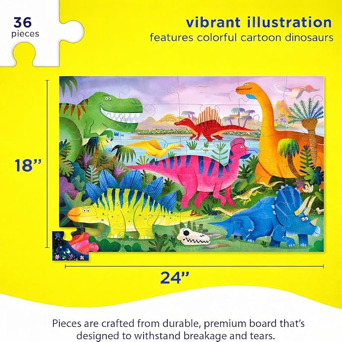 Crocodile Creek 36-Piece Jigsaw Floor Puzzle - Fun Floor Puzzles for Kids Ages 3-5 - Heavy-Duty Shaped Box for Storage - Dino Land - 24" W x 18" H Finished
