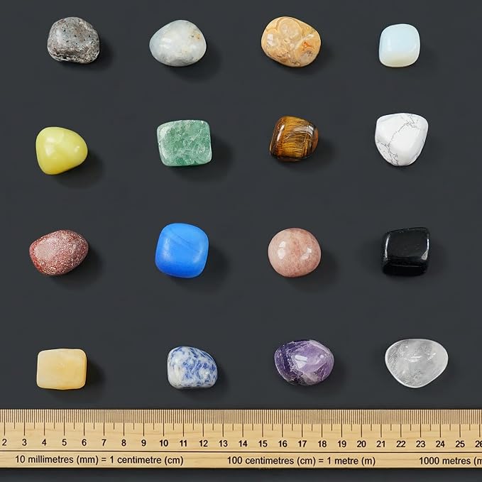 PIBEX Gemstone Collection Kit, 16 Gems & Crystals, Approx. 1-Inch / 2-3 cm | 16 Polished Gems, Amethyst to Opal & Moonstone, Game Cards, Learning Guide, Display Box, STEM Geology Gift for Kids Ages 6+