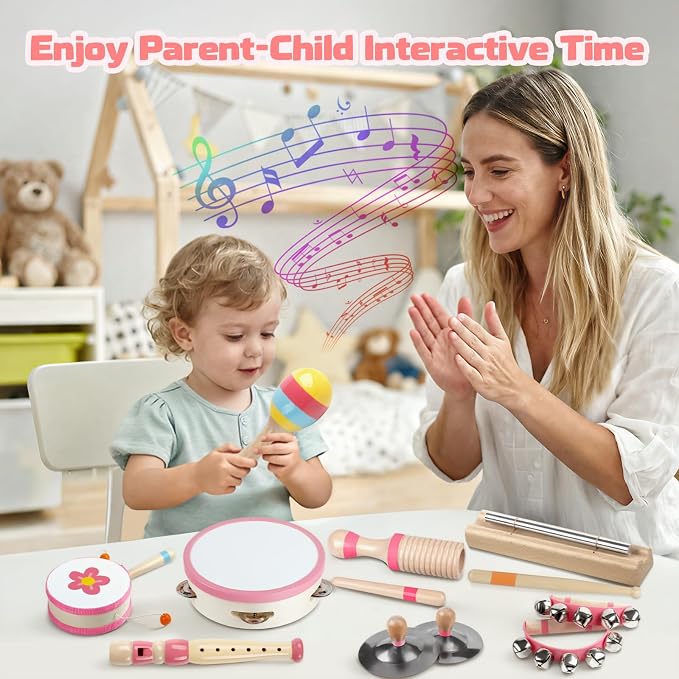 Baby Musical Instruments - Montessori Wooden Musical Toys for Toddlers Kids | 10pcs Tambourine Percussion Instruments Set, Preschool Music Learning Sensory Toys, Educational Birthday Gifts for Boys Girls