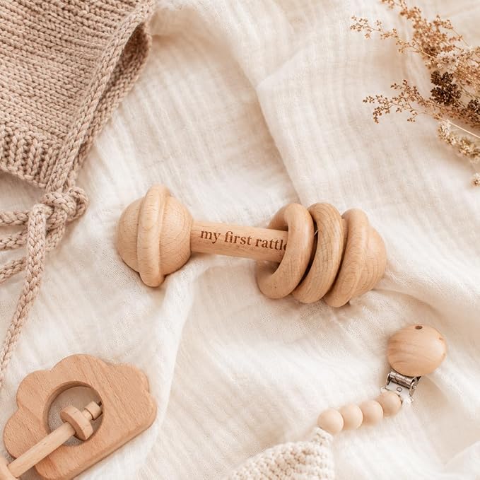 Pearhead Wooden My First Rattle and Teether, Baby Sensory Toy | Laser-Engraved Keepsake, Natural Beechwood, Easy-Grip Design, Fine Motor Skills, Newborn Tummy Time, New Parent Gift, Ages 0+