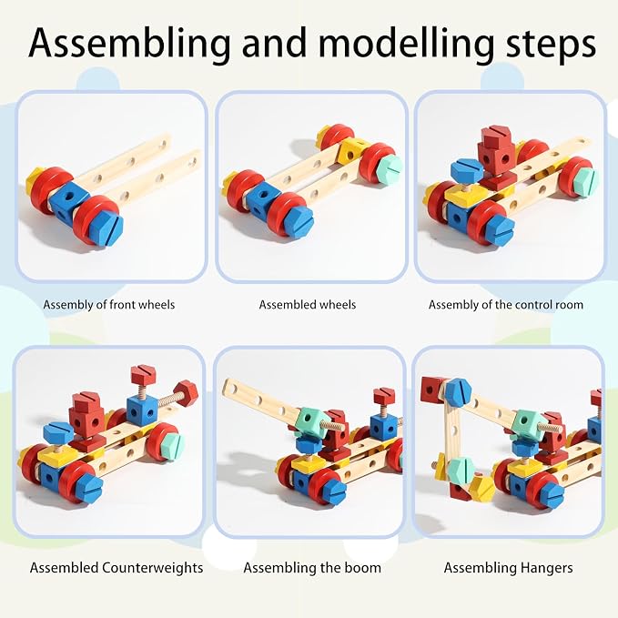 LOVELAND Wooden Take-Apart STEM Toy, 43-Piece Nut & Bolt Construction Set with Wooden Screwdriver & Wrench, Build Airplanes Helicopters Race Cars, Montessori Engineering Gift Ages 3-5