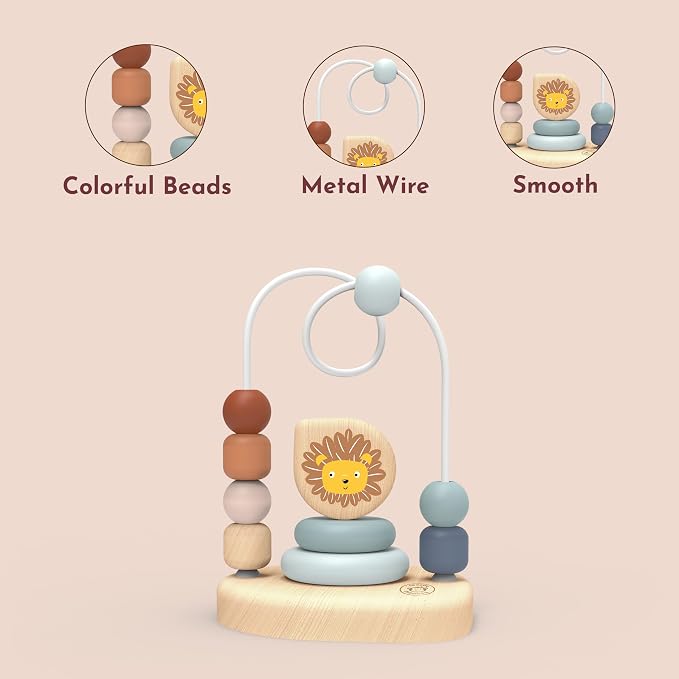Lion Bead Maze, Colorful Wire Frame Toy with 7 Soft Beads, Promotes Dexterity, Hand-Eye Coordination & Color Recognition, Non-Toxic Paint, Ideal for Kids 1-3 Years | 7 sliding beads, wire frame, lion theme, wooden bead maze, montessori toys, preschool ...