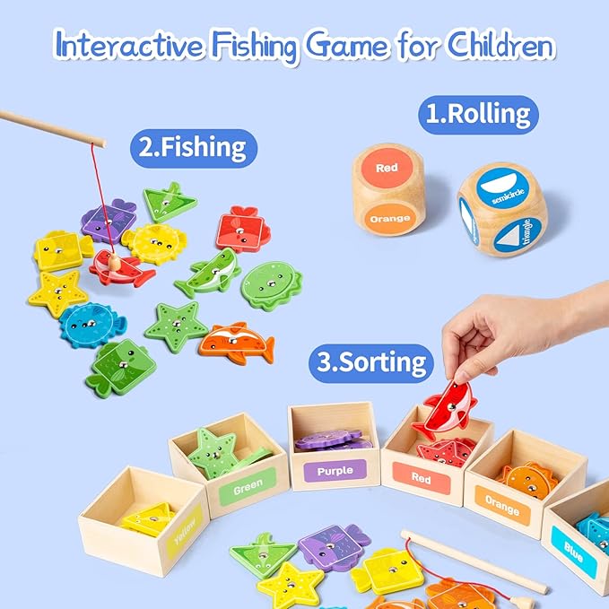 Montessori Fishing Game for Toddlers,Wooden Magnetic Fishing Game,Early Educational-Shape & Color Sorting Toy for Kid 3-5,Preschool Learning Fine Motor Skill,Classroom Matching Activity