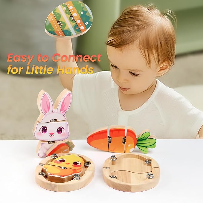 HUZU Easter Snap Builders, Easter Basket Stuffers Bunny, Carrot, Egg, Chick Wooden Puzzle Toy, Basket Essentials Take Apart & Mix Characters Kids Montessori STEM Fine Motor Skill