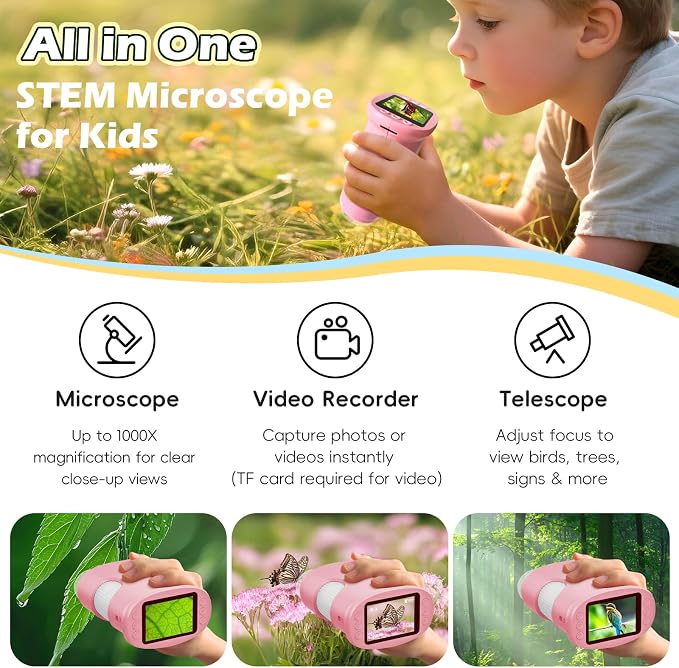 Alotwan Kids Microscope Digital 1000X Zoom, Mini Pocket Handheld Microscope Portable Travel Toys, HD Camera Video Magnifying Glass, Christmas Birthday Gifts for Girls, STEM Toys for Toddlers Age 3-8