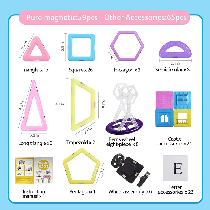 Tolnetr 124PCS Magnetic Tiles Toys for 3 4 5 6 7 8+Year Old Boys Girls | Magnetic Blocks Building Macaron Castle Set for STEM Creativity Educational Toys for Kids Age 3-6 Christmas Birthday Gifts