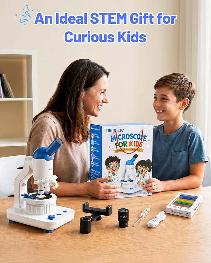 TOMLOV DM301K Microscope for Kids, 640X Educational Science Kit, STEM Toy | 12 Prepared Slides, Easy Focus, Beginner-Friendly, Dual LED Lights, Rechargeable Battery, Phone Adapter, Ages 6-12