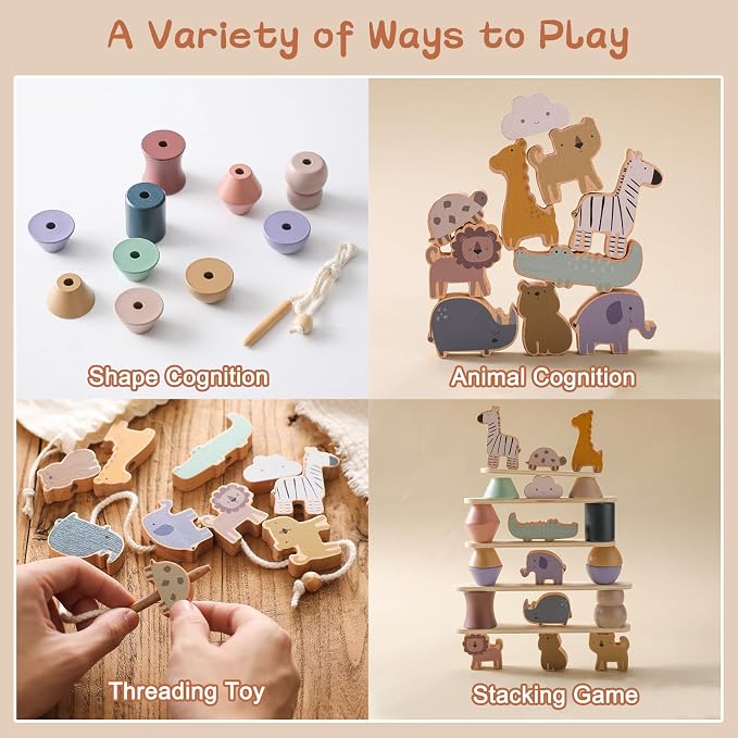 Wooden Animals Threading Toys Lacing Beads for 3+,Stacking Blocks Balance Game,Family Educational Preschool Learning Toy, Preschoolers Montessori Classroom Activities,Ideal Gift for Kids