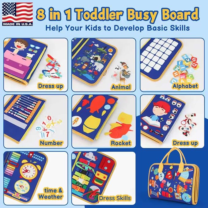 Montessori Busy Book 3-5, 12-in-1 Sensory & Fine Motor, Travel Gift