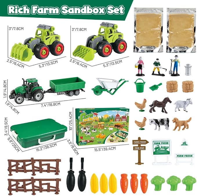FRUSE Farm Sensory Bin Toys with Play Sand Kit & Tractor for Toddlers 3-8 | Sand Box, 2.2lbs Sensory Sand Kit, Farm Ainmal Figures, Sandbox with Lid, Sands Toys, Farm Tools, Gift for Toddlers Kids