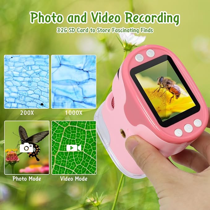 Handheld Digital Microscope for Kids with 2'' HD Screen, 200~1000X Pocket Microscope, Starter Kit with 6 Random Specimen Slides and 32G SD Card Included, Educational Gift for Children Age 6+ (Pink)
