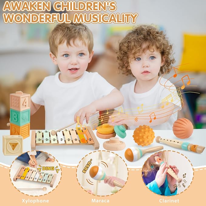 6-in-1 Montessori Baby Toy Set with Musical Instruments Toddler Baby Gift | Wooden xylophone with 2 sticks, maraca and clarinet; 6 soft blocks, 5 stacking rings, 3 sensory balls; music and sensory play