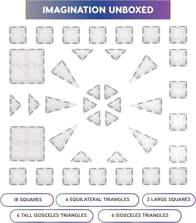 Clear Magnetic Tiles, 38-Piece Multi-Shape Crystal Set | Age 3+ | transparent blocks, light table toys, scratch-resistant, strong magnets
