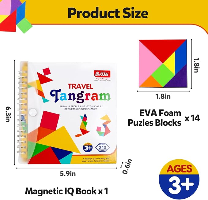 Travel Tangram Puzzle Car Game Magnetic Pattern Blocks Road Airplane Trip Essentials Activities Montessori Educational Toys Brain Teasers Book for Age 4-8 Kids Boys Girls Toddler (240 Solution)