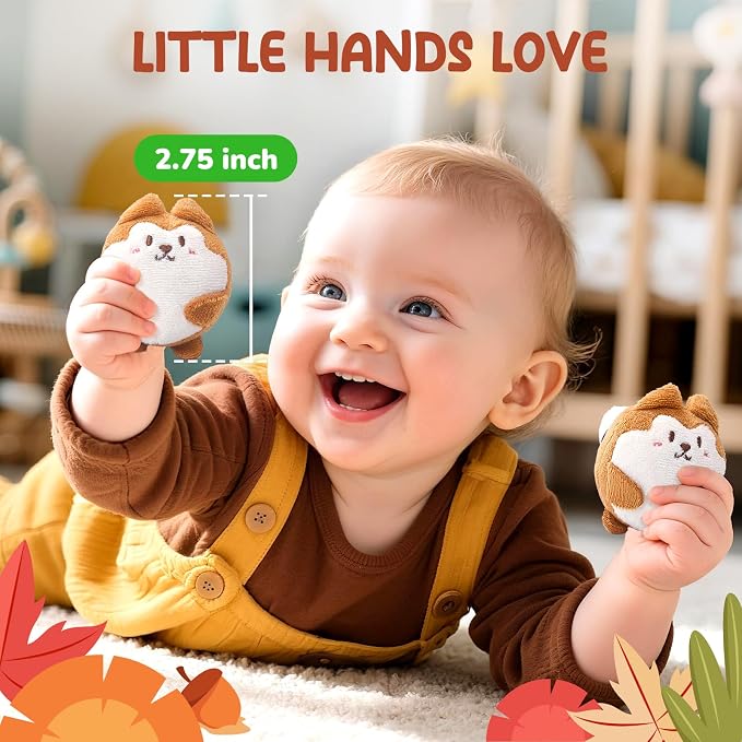 JoyCat Baby Toys 6-12 Months, Soft Treehouse 5 Sensory Squirrels, Rattle | Soft treehouse with 5 sensory squirrels offers rattle, crinkle, squeak and mirror play for baby exploration and learning.