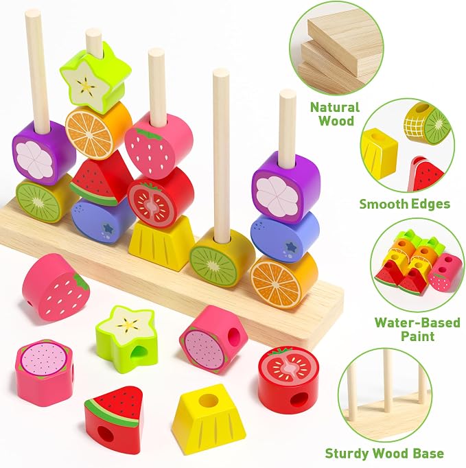 Melofaver Montessori Wooden Beads Stacking Toys, Shape Sorter for Ages 3-5 | Wooden Fruit Toddler Toys, Stacking Blocks & Lacing Beads & Shape Sorter, Preschool Learning Toys Gifts for Kids Boys Girls