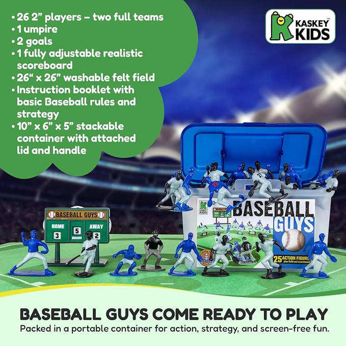 Kaskey Kids Baseball Guys, Black Gray vs. Blue Gray, 29 Pieces in Each Set, Includes 2 Teams, Accessories, and Travel Storage Case, Nostalgic Sports Action Figures for Imaginative Play, Ages 3 and Up