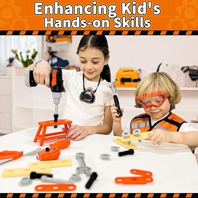 KidBloom Kids Tool Set, Toddler Tool Set with Box, Toys for 3 Year Old Boys | Construction Toys with Toy Drill, Toddler Boy Toys with Vest, Pretend Play Tools for Kids, Birthday Gifts for 3 4 5 6 7 8 9