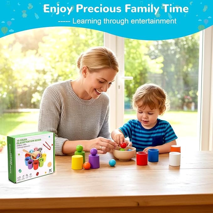Color Sorting Toys, Wooden Montessori Rainbow Matching Game for Kids 3+ | 10 sorting cups, wooden rainbow balls, wooden spoon, plastic tongs, storage box, for color matching and fine motor play