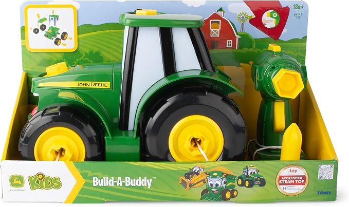 BUILD-A-BUDDY John Deere Tractor Toy and Toy Drill - Toddler STEM Take Apart Toys with 16 Individual Pieces and Kids Tools - Kids Building Toys Ages 3 Years and Up