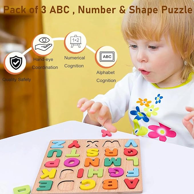 Wooden Puzzles for Toddlers 3-5, Boys & Girls, Montessori Toddler | 3 in 1 Wooden Puzzle, Alphanumeric Graphics Cognitive, for toddlers 3-5 make, natural wood, gift for a birthday