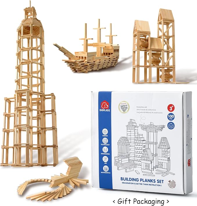 100pcs Classic Wooden Building Blocks Set,Solid STEM Building Toys for Kids, Preschool Learning Montessori Toys for Toddlers, Boys & Girls Birthday Gift (Log Color)