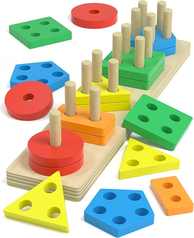 kecristv Montessori Toys for 1 2 Year Old Girl and Boy Birthday Gifts | Toddler Toys 1-2 2-3, Shape Sorter, Wooden Block, Learning Educational Sensory Stacking Toy, Toddler Puzzles, Birthday Gifts