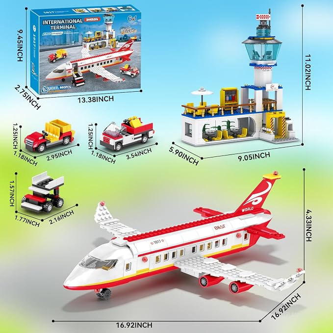 886 Pcs City Passenger Airplane Building Set | STEM 6 in 1 Airport Passenger Plane Building Block Toy with Terminal, Shuttle Bus,Luggage Cart, for Boys Girls Ages 6-12+