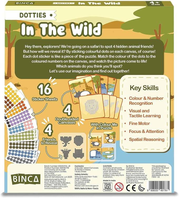 BINCA Dotties Dot Art Activity Kit, 750+ Stickers, Wild Animals Mess-Free Activities, DIY Dot Sticker Art, Kids Travel Activities, Gifts for Boys & Girls Ages 4,5,6,7