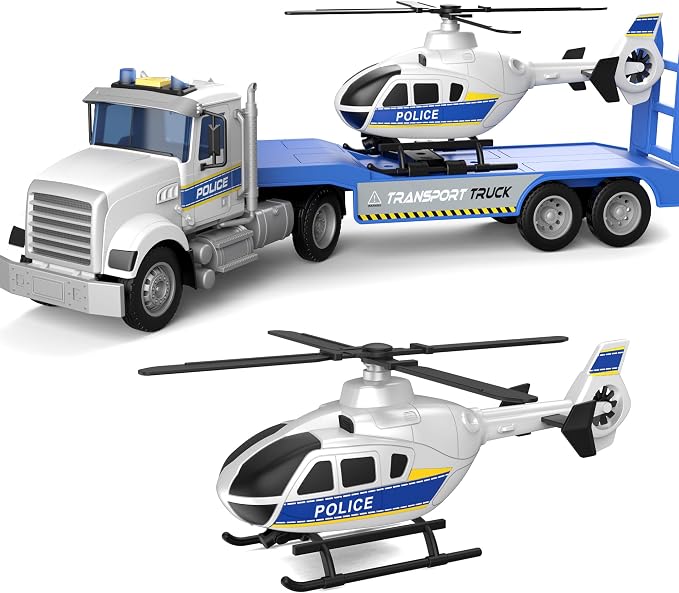 DOWELLIN Toddler Boy Toys for 3 4 5 6 Year Old, 22” Semi Truck Toy with Helicopter - Police Toys, Birthday Gifts for Kids Child 3+ Years Old