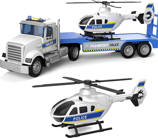 DOWELLIN Toddler Boy Toys for 3 4 5 6 Year Old, 22” Semi Truck Toy with Helicopter - Police Toys, Birthday Gifts for Kids Child 3+ Years Old