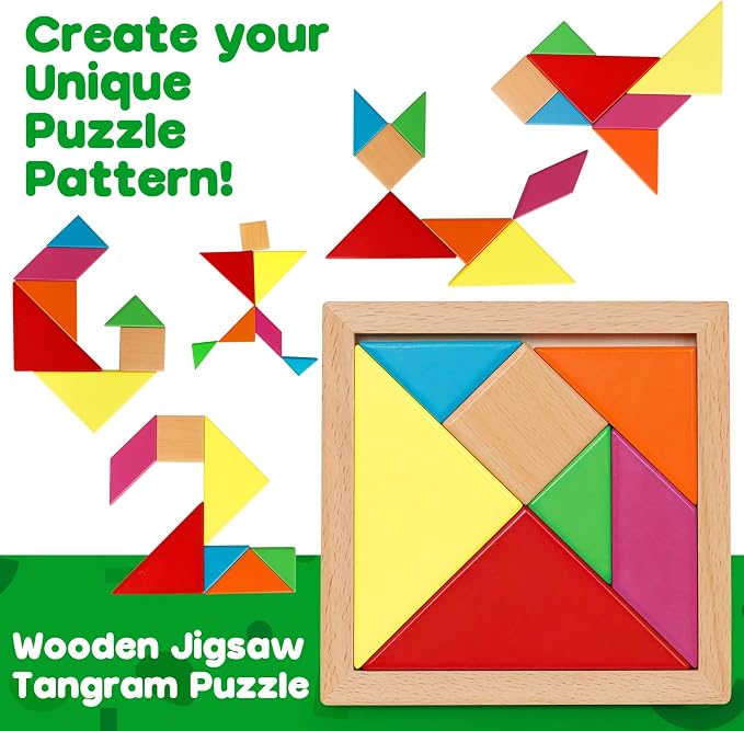 5 Pack Wooden Puzzle Set - STEM Brain Teaser Tangram Games for Kids Ages 3+ | Montessori Educational Toy, Geometric Shape Blocks, Logic IQ Game, Ideal Gift for Kids Teens Adults