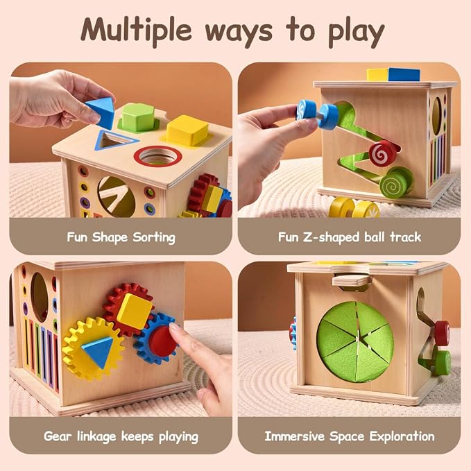 TOMMYHOME Wooden Montessori Multifunctional Sensory Box 8-in-1,Help Children Improve Their Arithmetic Skills and Color Recognition abilities.Coin Box