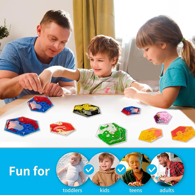 Art3d Hexagon Sensory Fidget Multicolor Liquid Motion Tiles, 3-Pack | Lightweight, Boost Focus, Relieve Anxiety, Eco-Friendly, Varied Colors & Shapes, Suitable for Kids, Teens