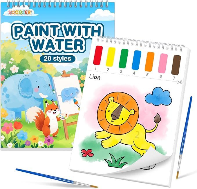 SOCOLER Paint with Water Coloring Books for Toddlers,Animal Theme Mess Free Watercolor Painting Papers for Kids Water Color Paint Kit Art Craft Gift for Ages 1-3, 4-8