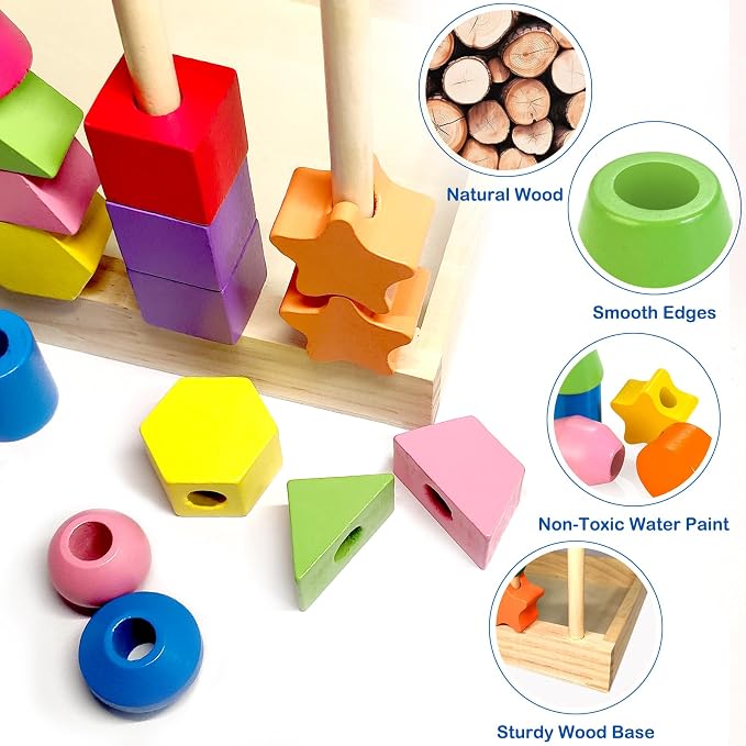 Montessori Wooden Beads Sequencing Toy Set, Sorting Stacking Blocks & Lacing Beads & Shape Matching Stacker for 2 3 4 5 Years Kids Preschool Learning Fine Motor Skills Toys Gifts for Toddler Boy Girl