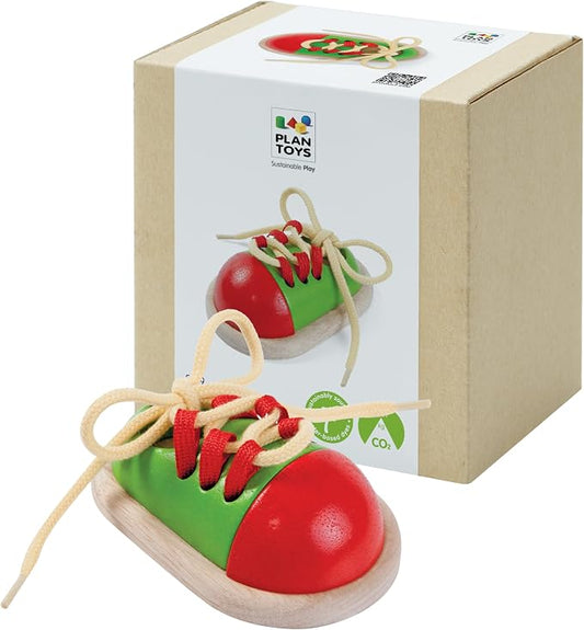 PlanToys® Tie-Up Shoe Lacing Practice Toy for Kids | Montessori Fine-Motor & Independence Activity for Focus & Coordination | Eco-Friendly Wooden Educational Tool