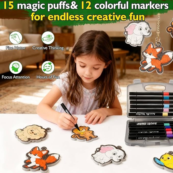 Magic Puffs 3D Art Craft, Jungle & Forest Animals Crafts for Kids, DIY Foam Texture Painting & Inflate Activity – Easy, Fun, Mess-Free, Christmas Birthday Gift for Girls & Boys Age 4 5 6 7 8 9 10