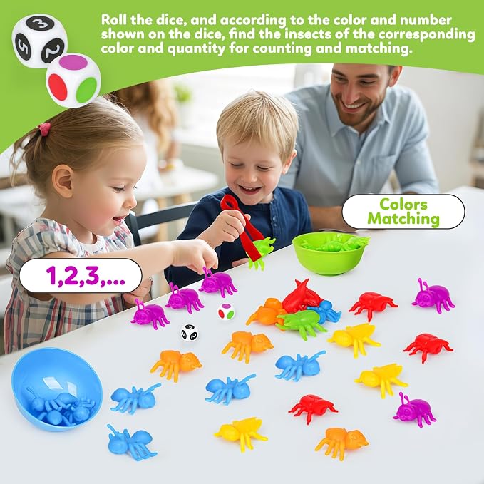 Counting Insects Matching Toys with Sorting Bowls and Games Dice Montessori Preschool Educational Activities Learning Color Sorting Fine Motor Skills Sensory Toys Birthday Gifts for 3 4 5 Year Old