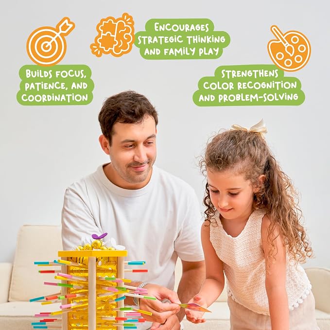 Nene Toys BeeFall Jumbo, 4-in-1 Wooden Honey Bee Toy for Kids Ages 3-9 - Educational Game with Wooden Honeybee Hive, 12 Bees, Colorful Sticks, Dice & Cards - Fun Family Game for Cognitive Development