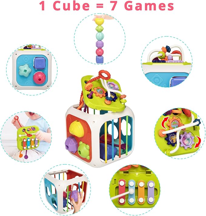 Montessori Activity Cube Learning Toy for Toddlers | 7-in-1 Shape Sorter for Baby Developmental, Birthday Gifts for 1-3 Years