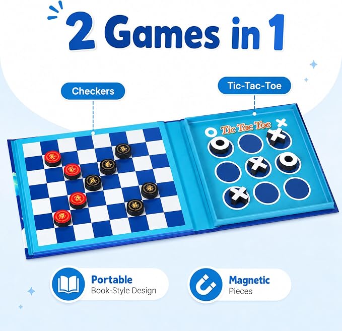 TRAVOFUN Magnetic Checkers Board Game | Travel Games for Kids 8-12 | Foldable travel checkers game with tic-tac-toe keeps magnetic pieces secure for car rides, flights, camping, and family play.