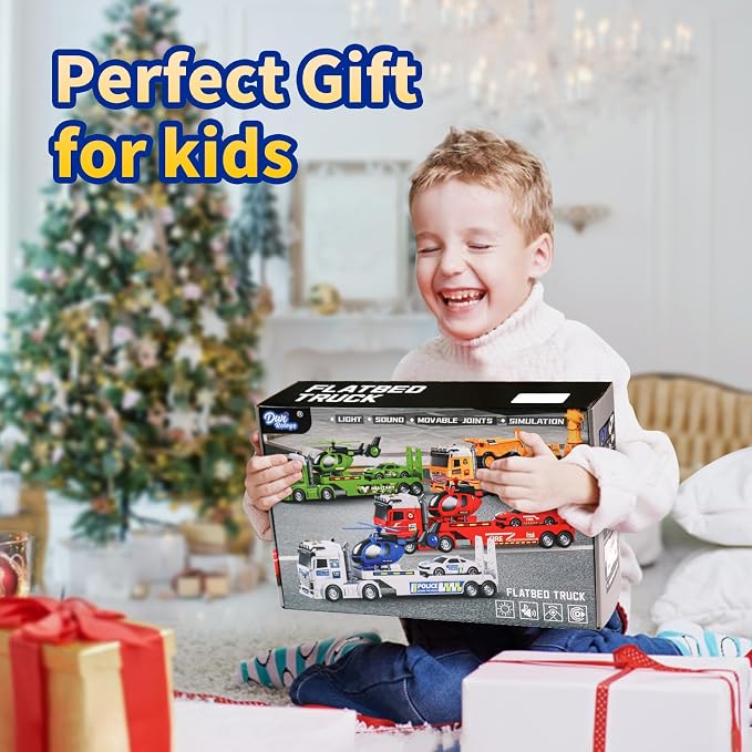 Kids Toys for Ages 3 4 5 6 7 8 Years Old Boys, 25" Large Army Semi Truck with Helicopter & Race Car, Friction Powered Vehicle with Lights & Sounds,Birthday Gift for Boys Girls