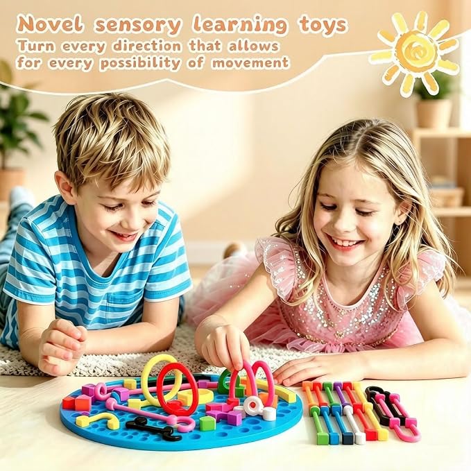 2PCS Sensory Activity Board, Sensory Board,Stress Relief Silicone Quiet Fidget Toy for Toddlers Kids Adults, ADHD Autism Sensory Toys | Includes Portable Travel Bag & 12 Strings（Blue+Orange）