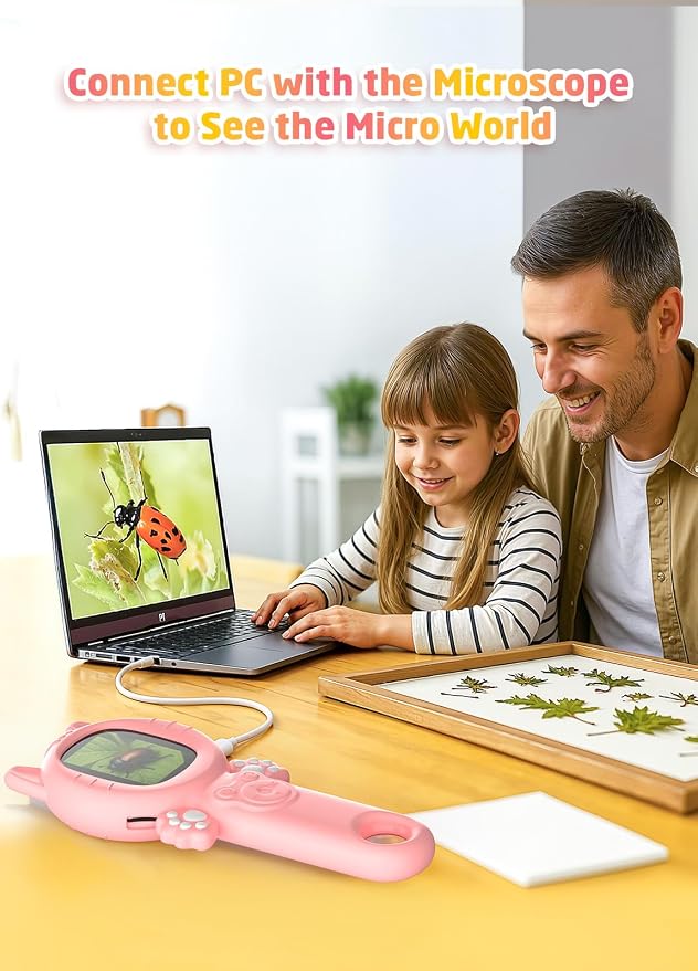 PHNIXGAM Kids Microscope Camera, 500X Handheld 2" IPS Screen, A Pink Cat | 2-in-1 design, supports multiple viewing angles, outdoor STEM toy, birthday gift for boys/girls 3-10, rechargeable/portable