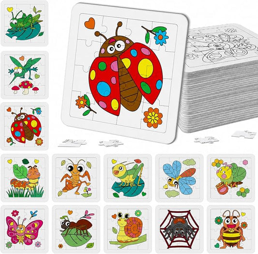 Cinrobiye 24 Pack Insect Coloring Jigsaw Craft Kit for Kids, DIY Bug Activity Set Bulk with 12 Designs, Butterfly Bee Ladybug Puzzle, Spring Party Favors, Classroom Art Projects